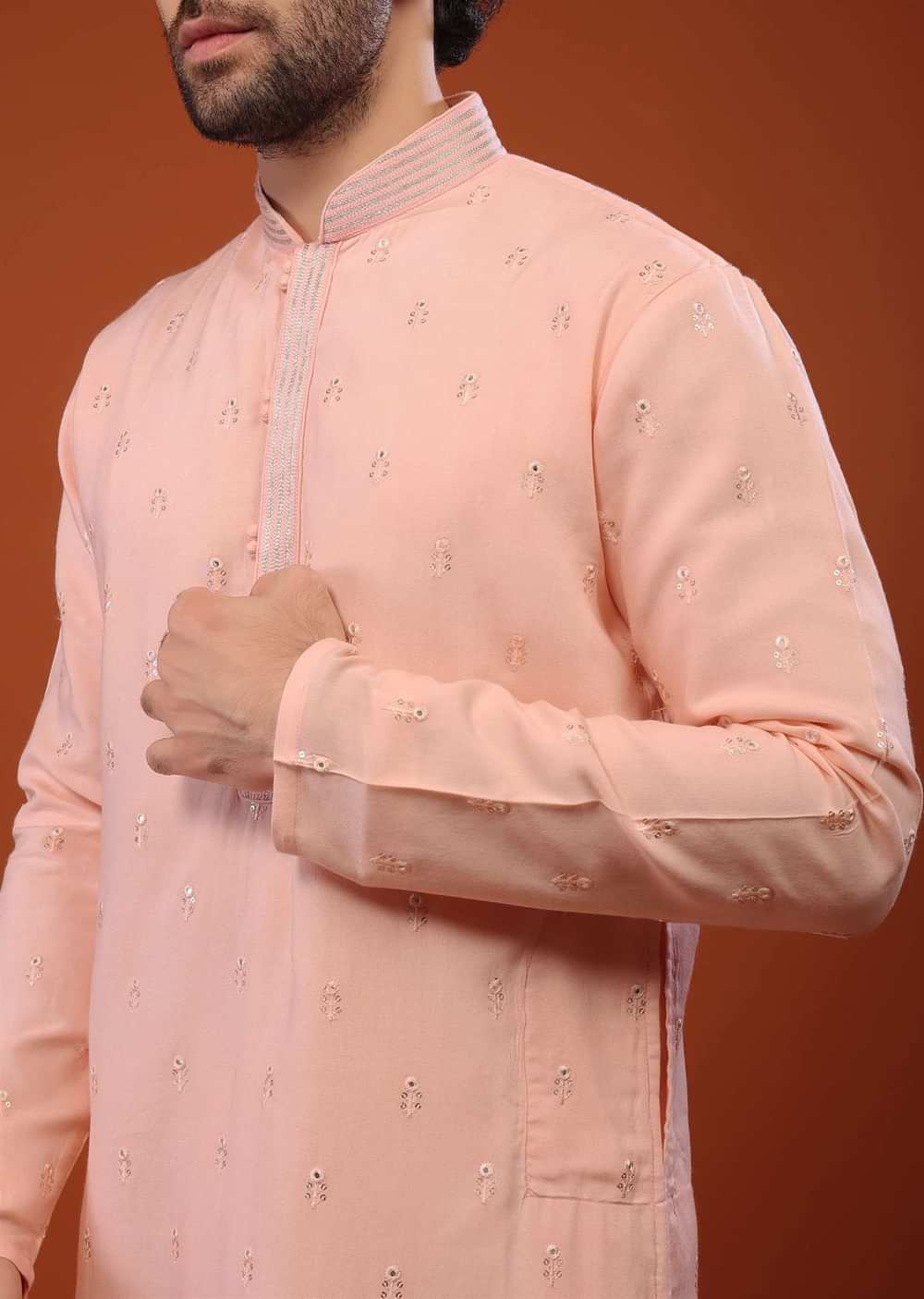 Pink Rayon Kurta Set With Woven Buttis