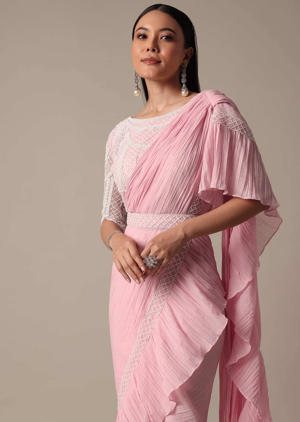 Pink Ready Pleated Frill Saree With Heavy Bead Work Blouse