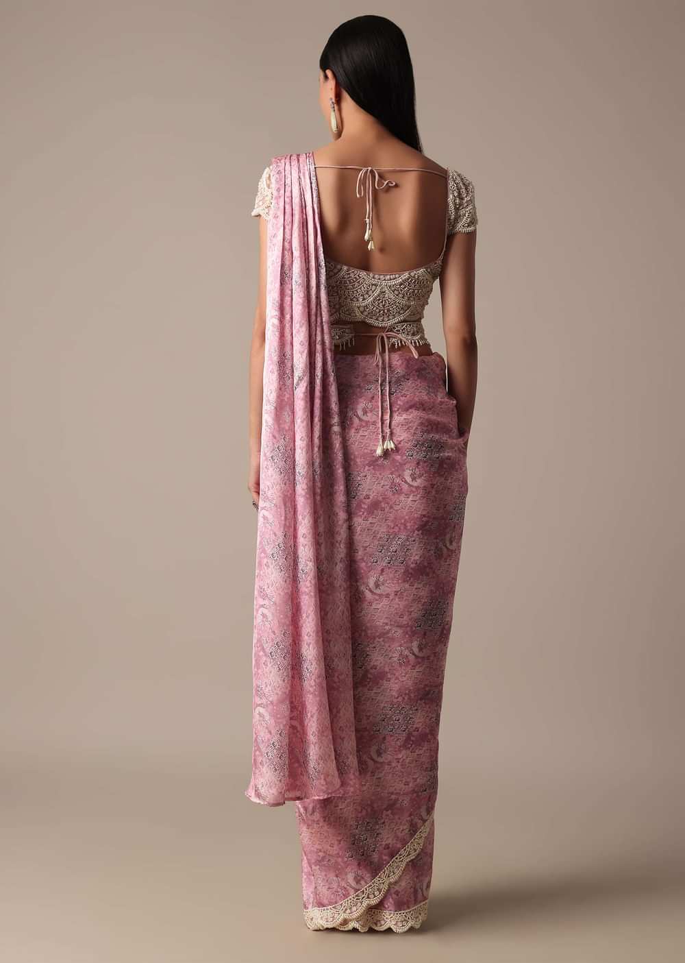 Pink Ready Pleated Muslin Saree With Embellished Blouse