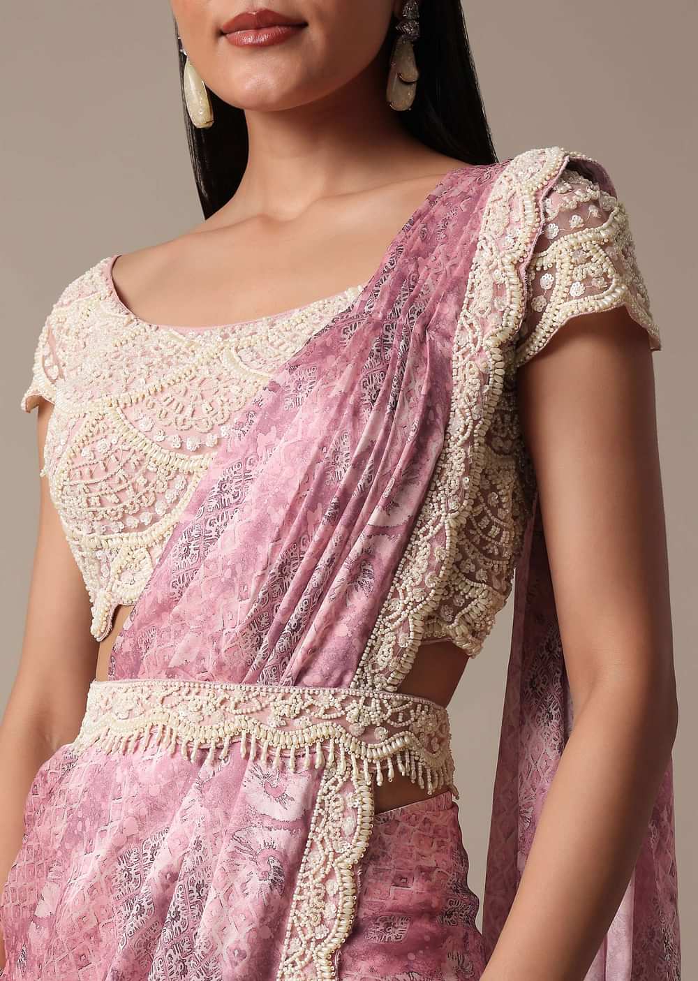 Pink Ready Pleated Muslin Saree With Embellished Blouse