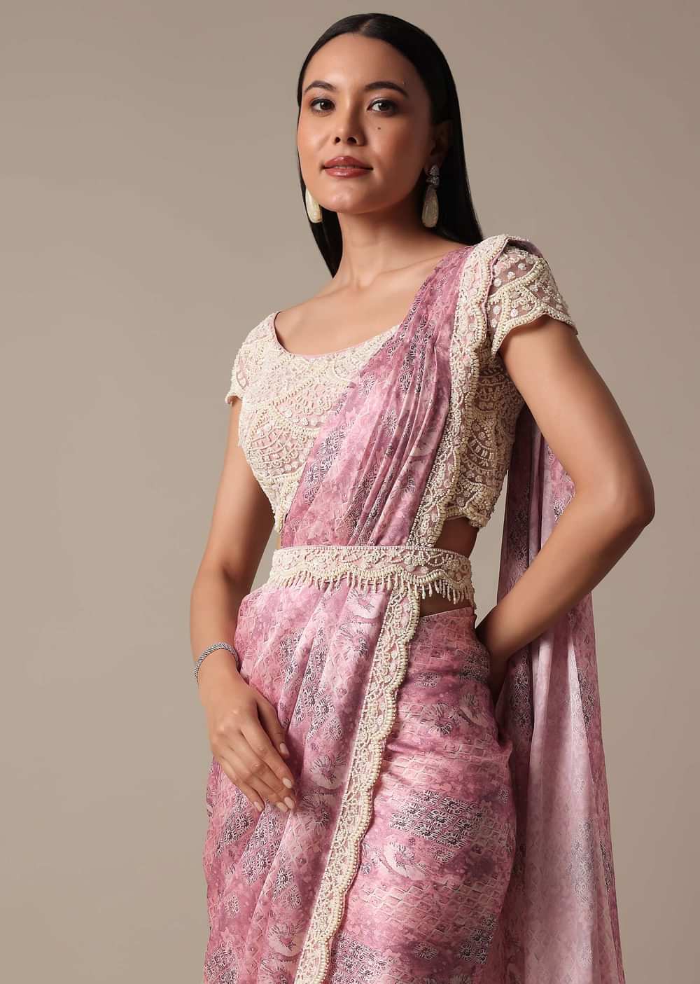 Pink Ready Pleated Muslin Saree With Embellished Blouse