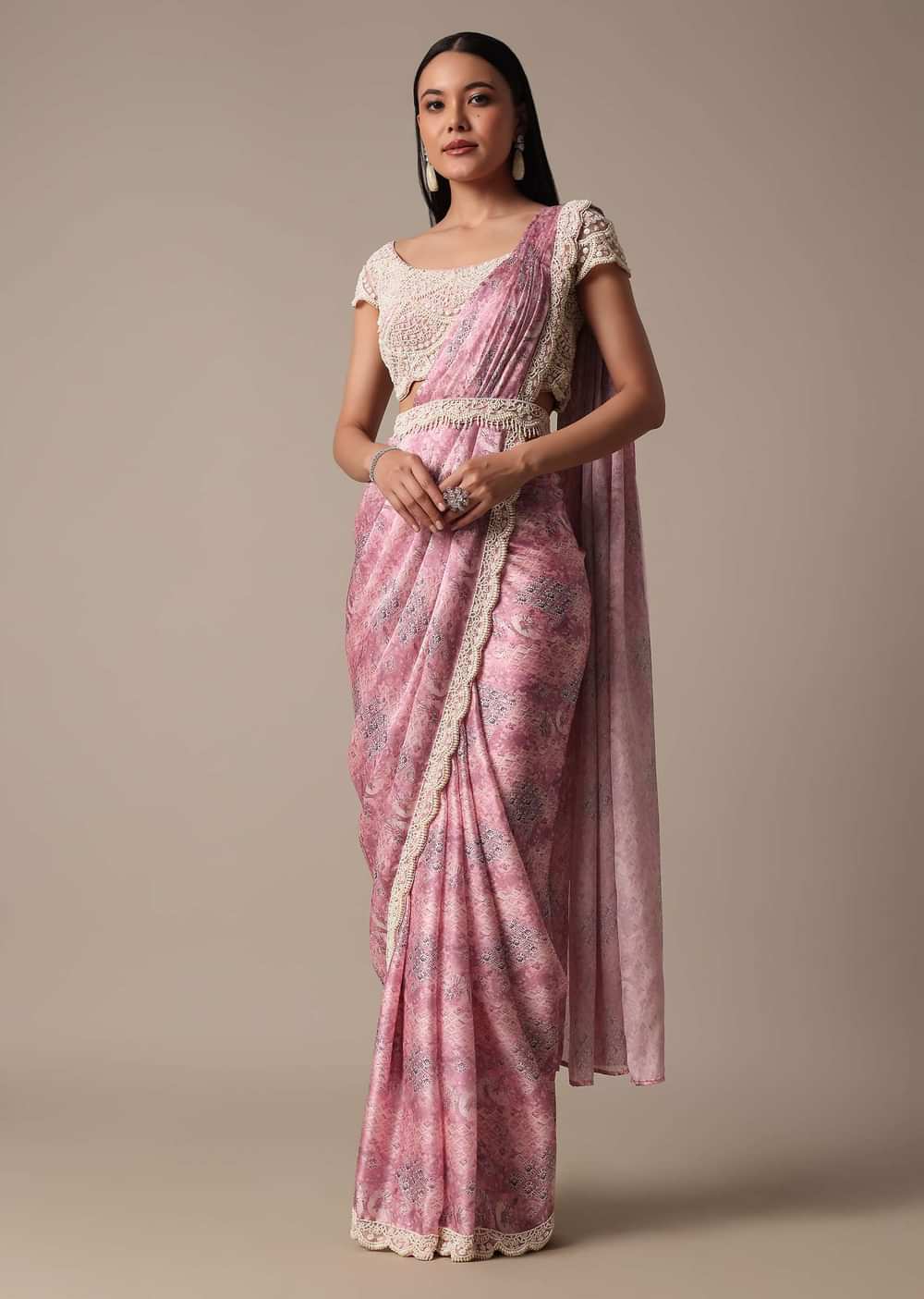 Pink Ready Pleated Muslin Saree With Embellished Blouse