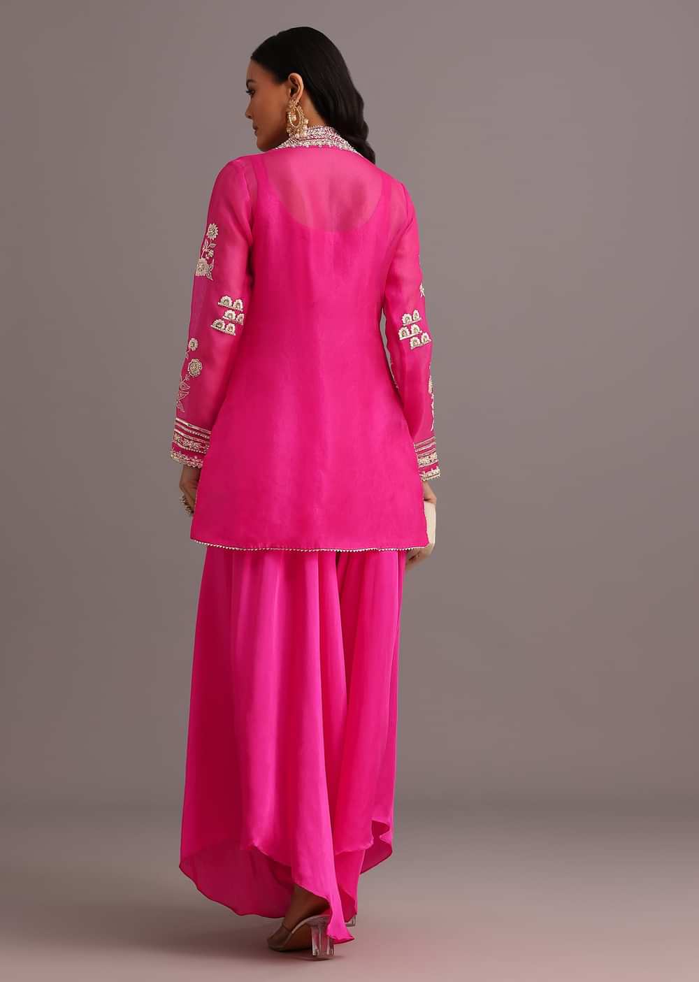 Pink Resham Work Kurti Palazzo Suit