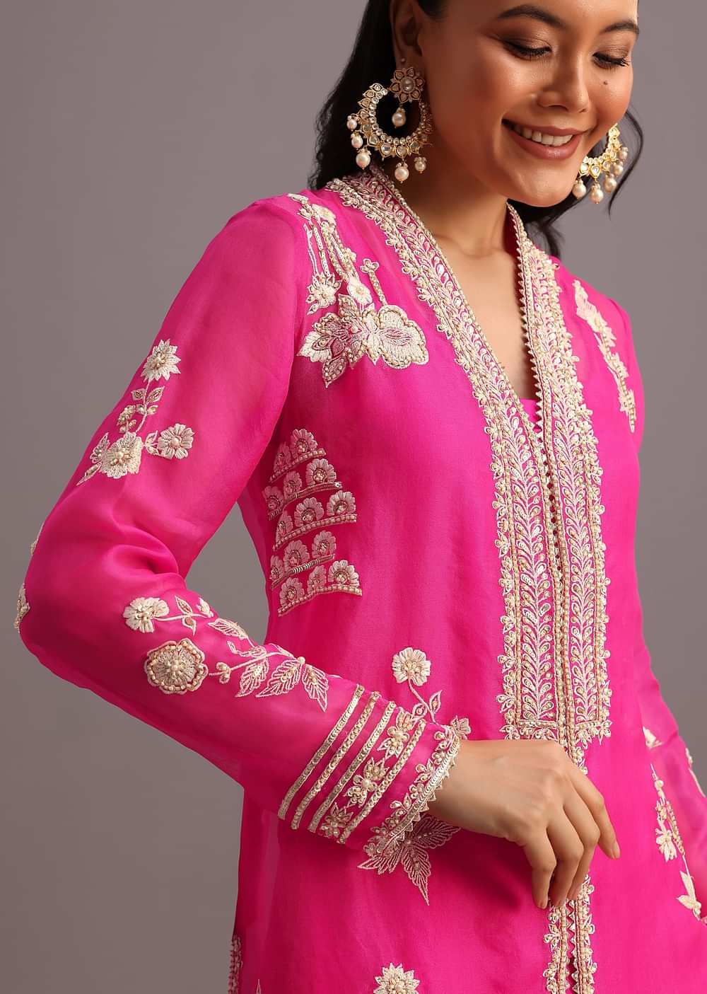 Pink Resham Work Kurti Palazzo Suit