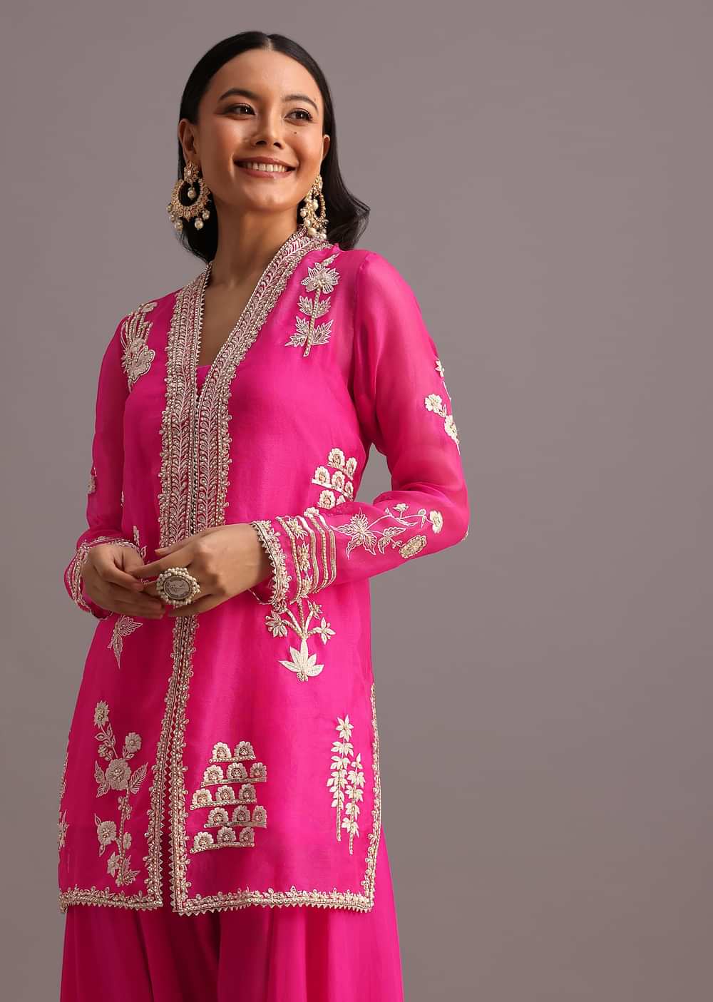 Pink Resham Work Kurti Palazzo Suit