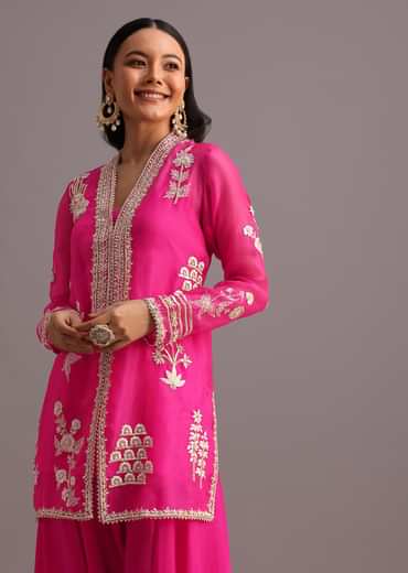 Pink Resham Work Kurti Palazzo Suit