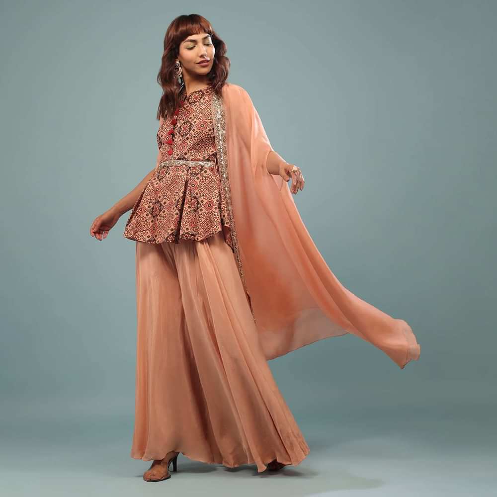 Peach Pink Printed Palazzo Top Set With Embroidered Shrug