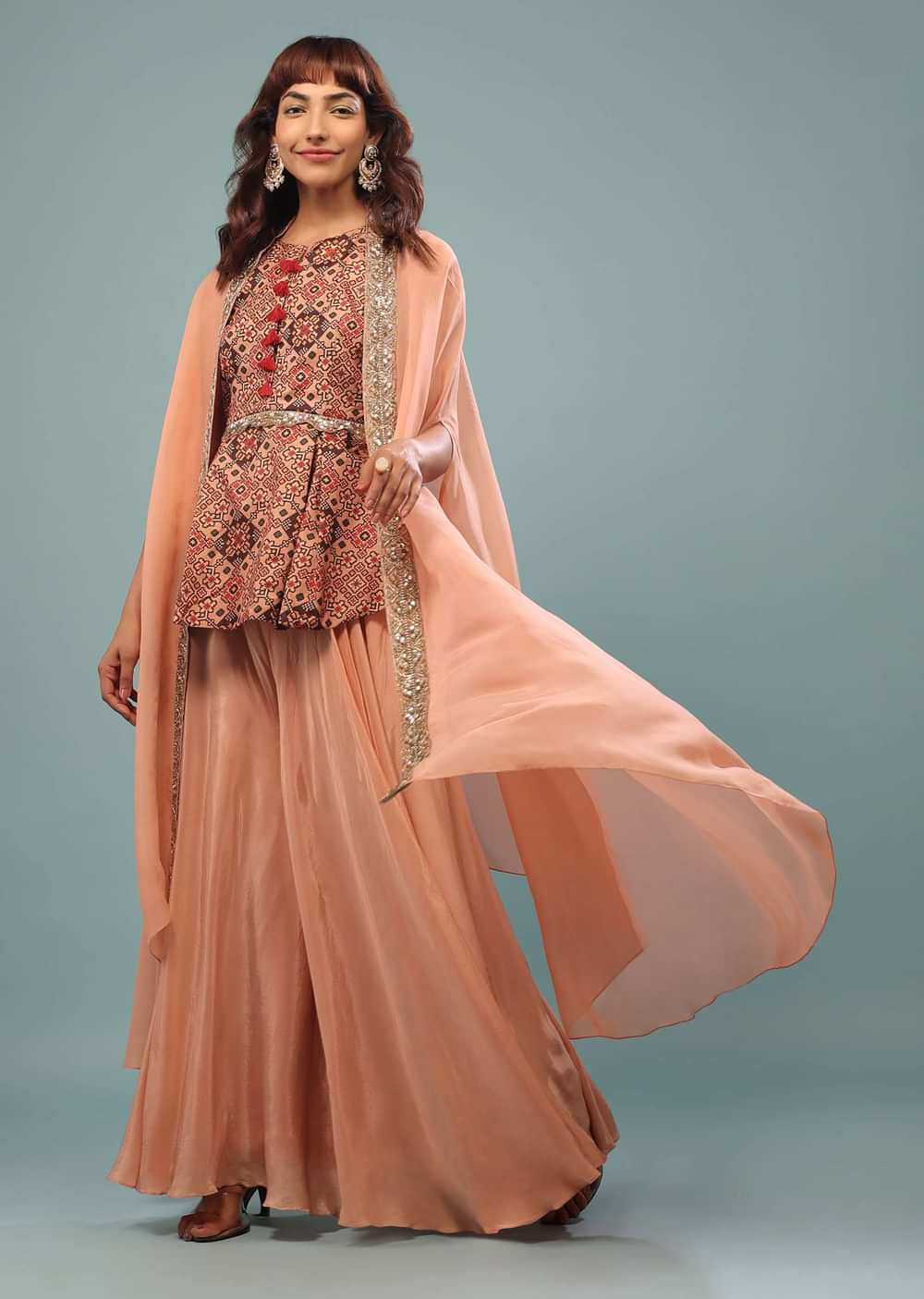 Peach Pink Printed Palazzo Top Set With Embroidered Shrug