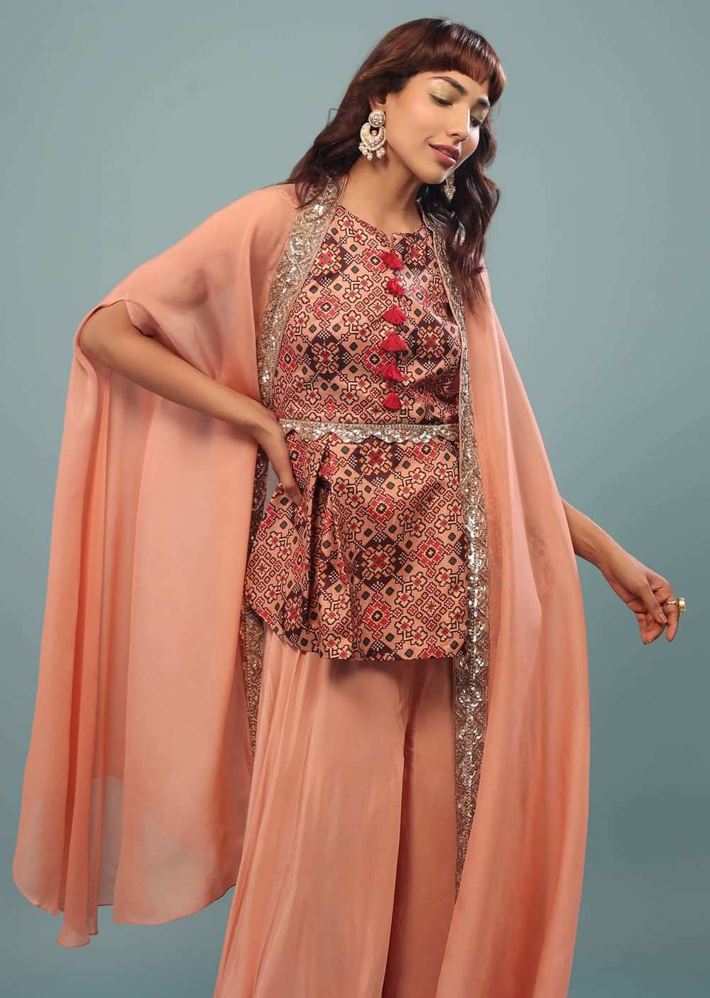 Peach Pink Printed Palazzo Top Set With Embroidered Shrug