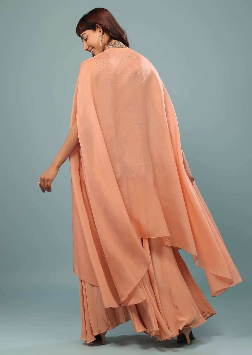 Peach Pink Printed Palazzo Top Set With Embroidered Shrug
