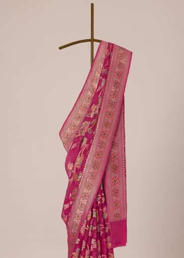 Pink Saree In Chanderi Crushed Silk Georgette With Zari Weave