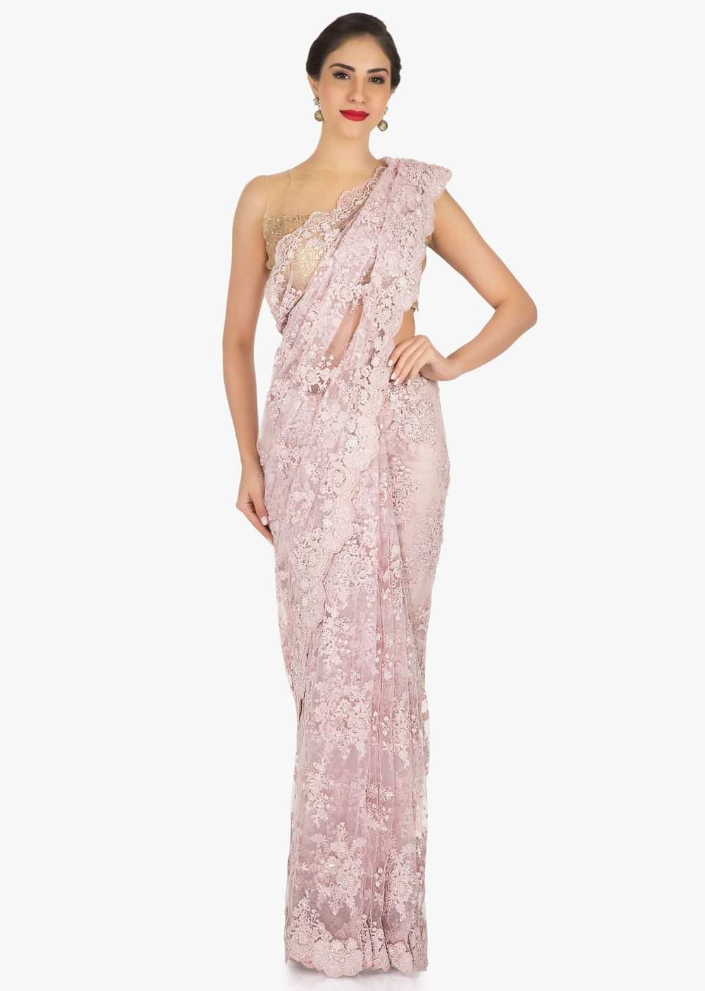 Pink saree in embroidered net encrusted in floral motifs with resham and moti work only on Kalki - KALKI Fashion India