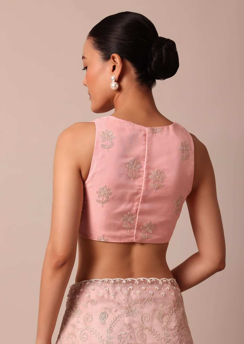Pink Saree In Organza Silk With Chikankari Floral Work And Unstitched Blouse Fabric