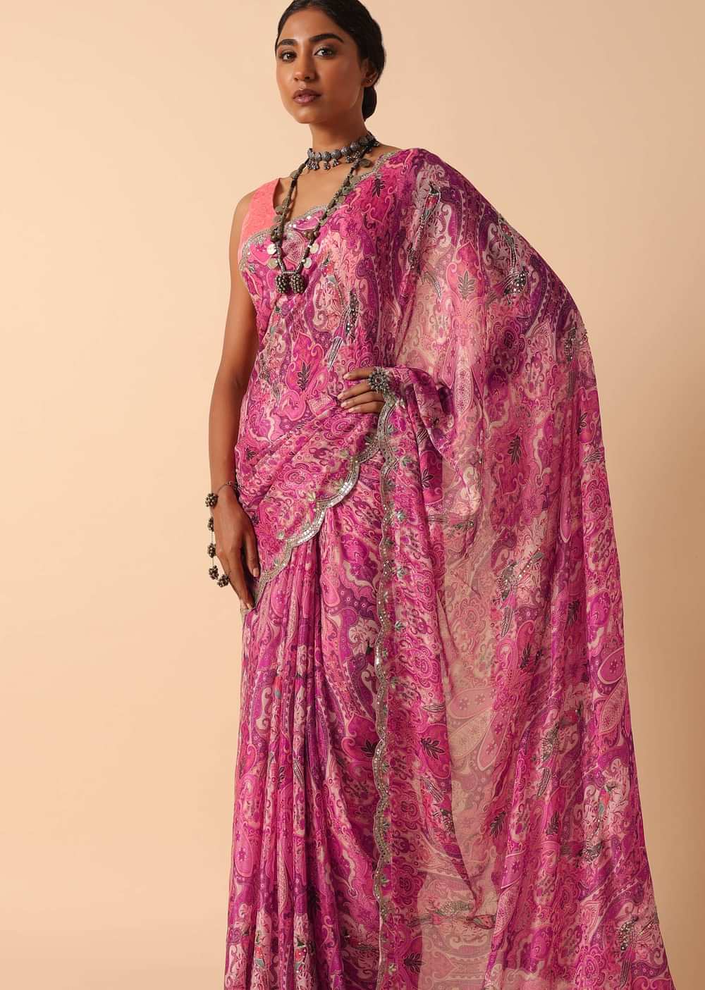 Pink Saree With Abstract Prints And Unstitched Blouse Piece