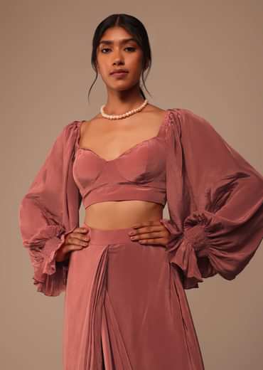 Pink Pre Stitched Saree With Lantern Sleeved Blouse And Hand Worked Belt