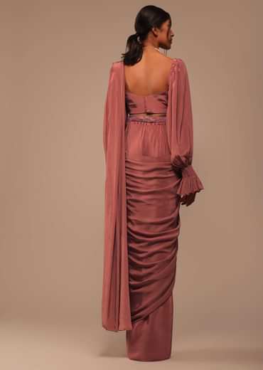 Pink Pre Stitched Saree With Lantern Sleeved Blouse And Hand Worked Belt