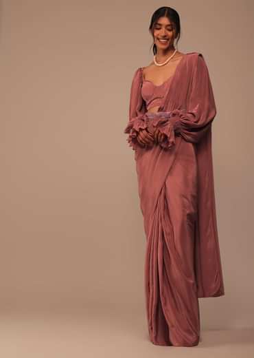 Pink Pre Stitched Saree With Lantern Sleeved Blouse And Hand Worked Belt