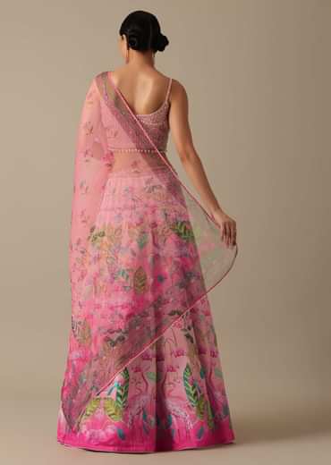 Pink Satin Printed Lehenga Set