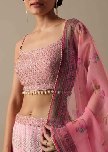 Pink Satin Printed Lehenga Set