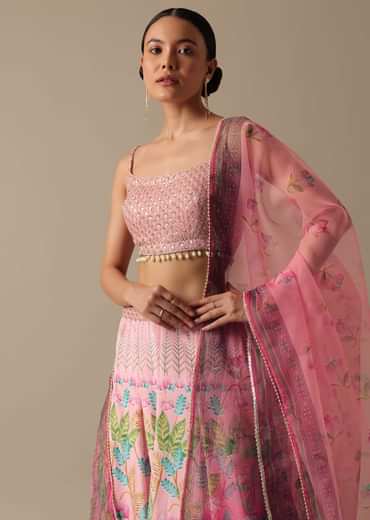 Pink Satin Printed Lehenga Set