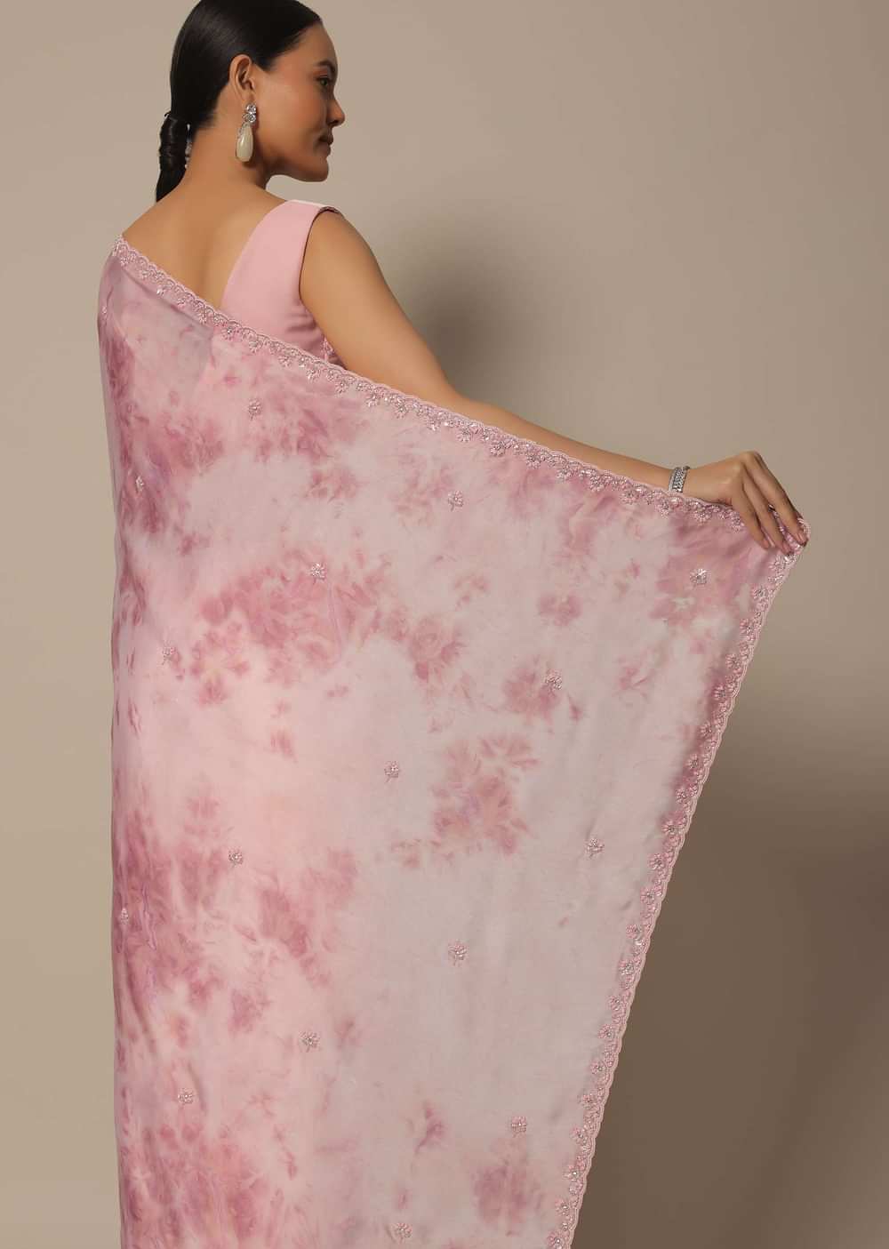 Pink Satin Saree With Shibhori Print And Unstitched Blouse Piece