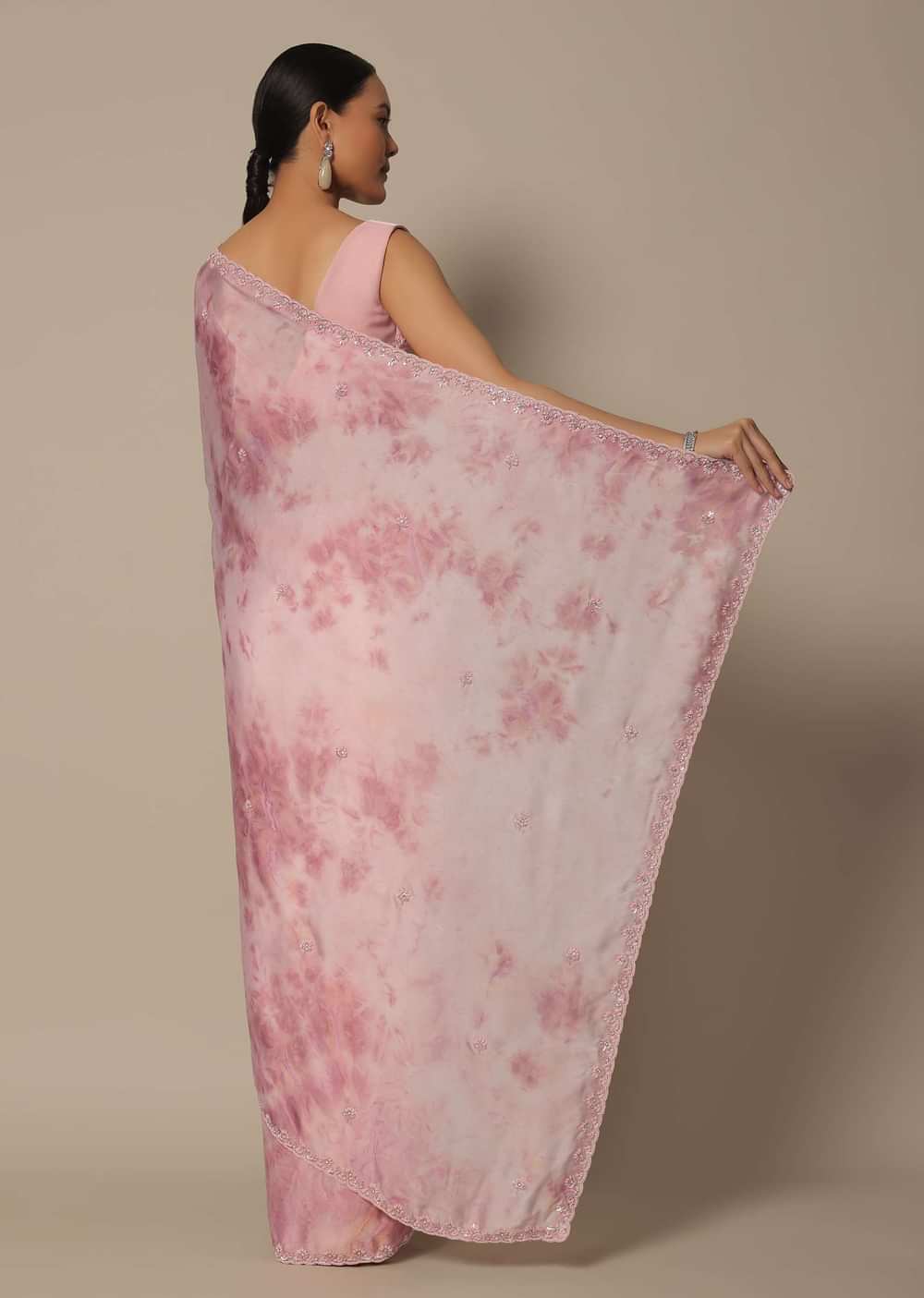 Pink Satin Saree With Shibhori Print And Unstitched Blouse Piece