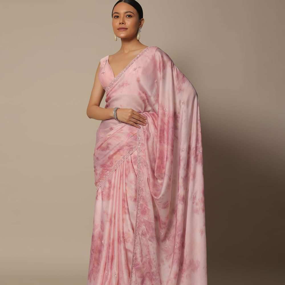 Pink Satin Saree With Shibhori Print And Unstitched Blouse Piece