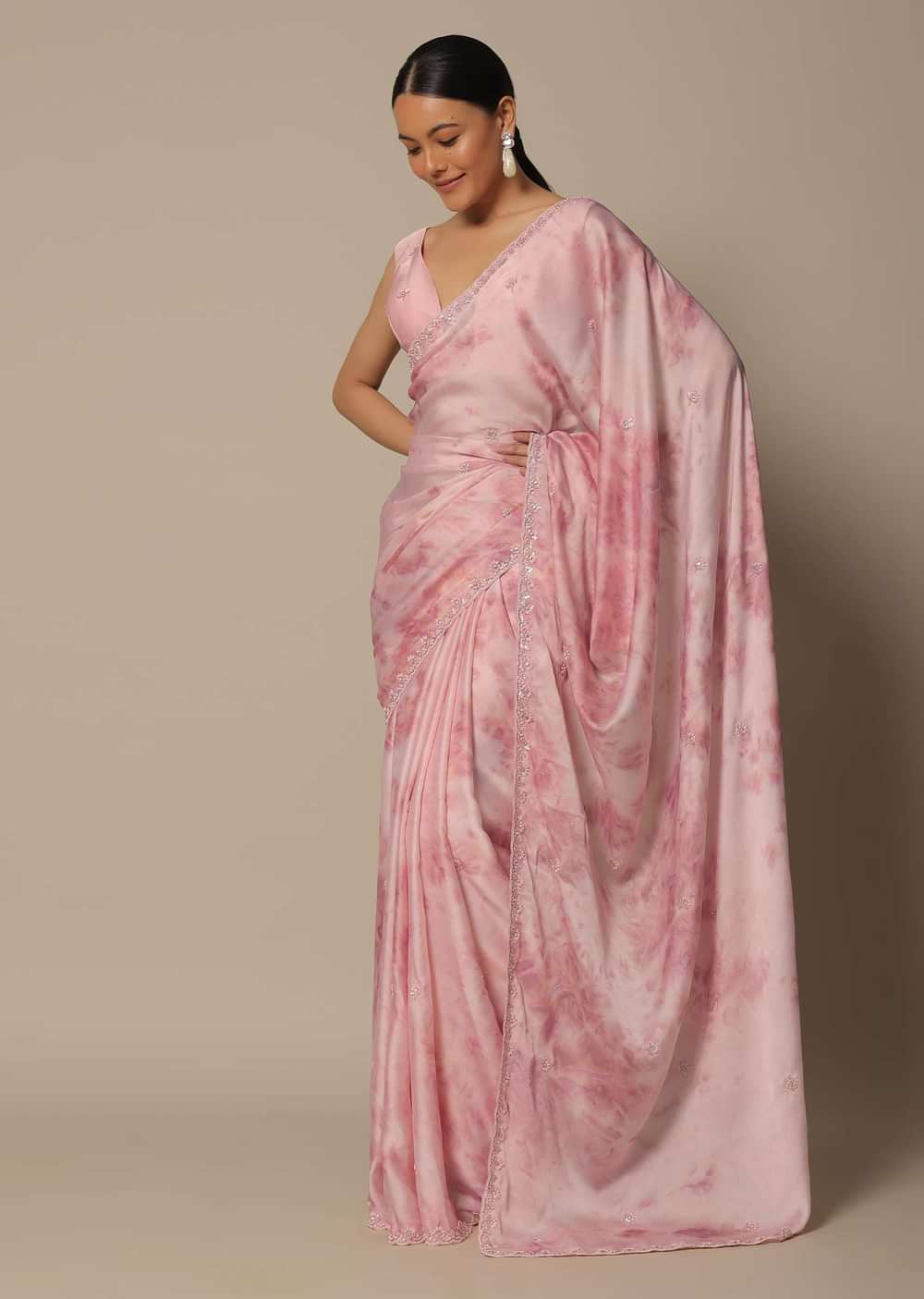 Pink Satin Saree With Shibhori Print And Unstitched Blouse Piece