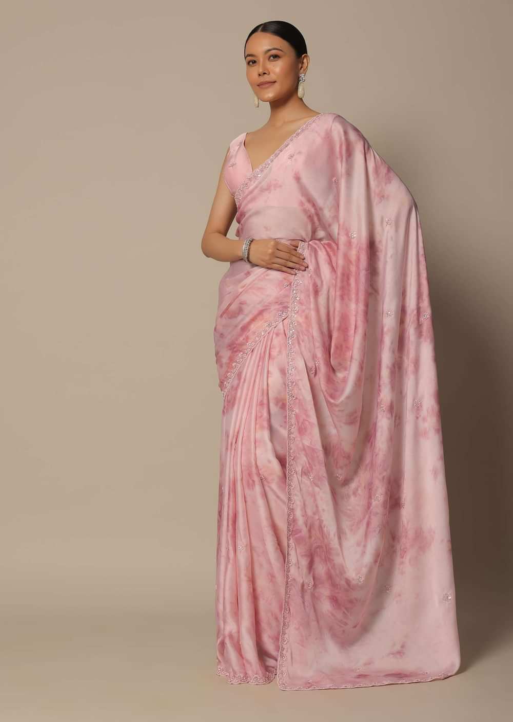 Pink Satin Saree With Shibhori Print And Unstitched Blouse Piece
