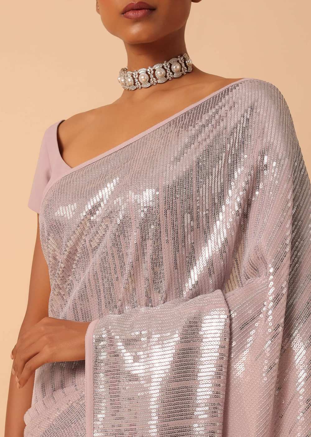 Pink Sequin Saree In Georgette With Unstitched Blouse Piece