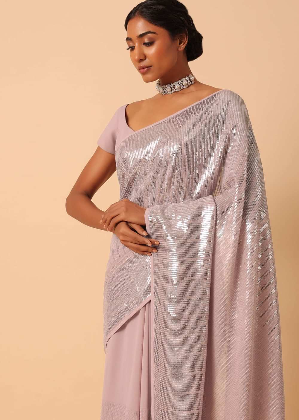 Pink Sequin Saree In Georgette With Unstitched Blouse Piece