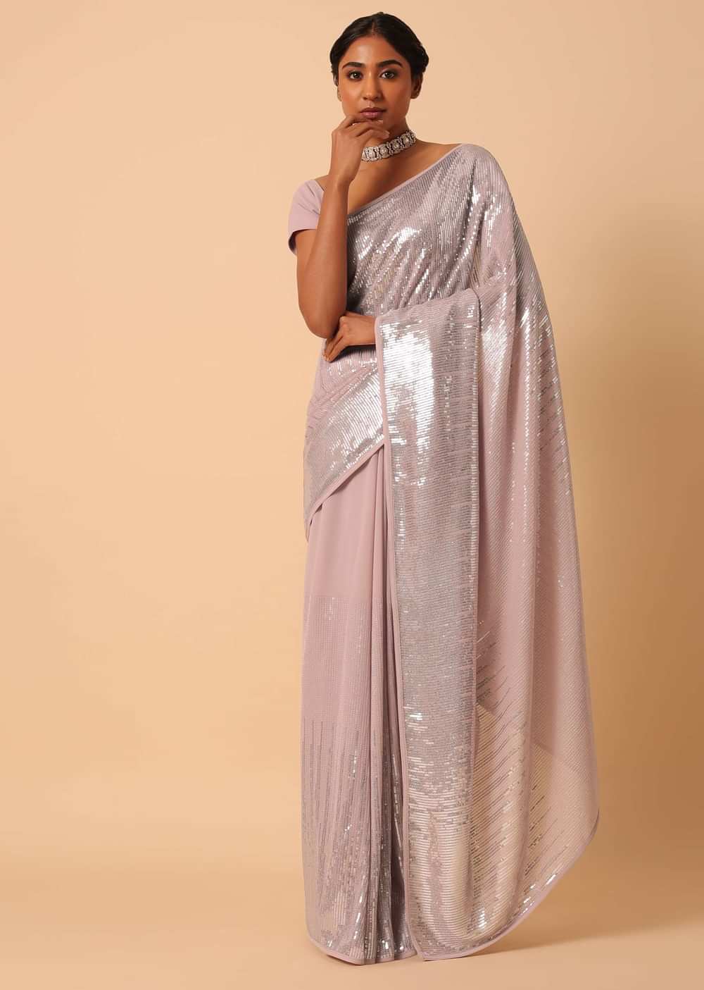 Pink Sequin Saree In Georgette With Unstitched Blouse Piece