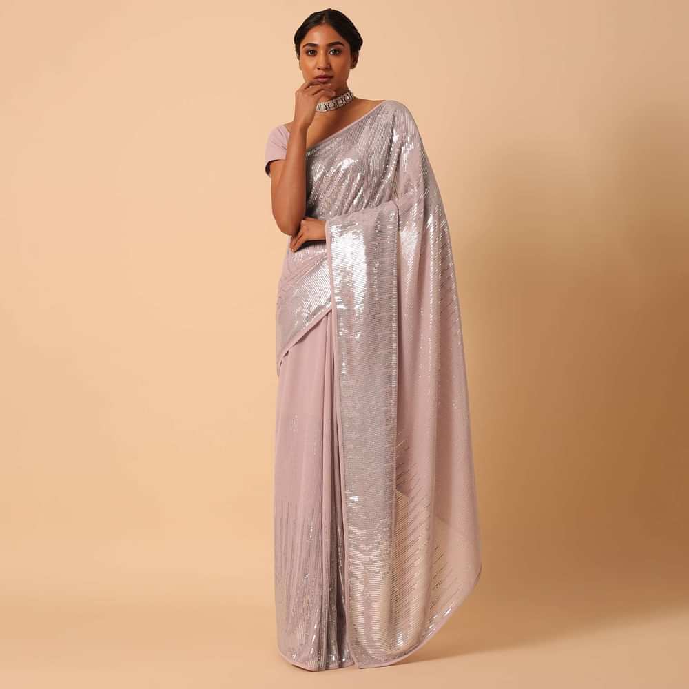 Pink Sequin Saree In Georgette With Unstitched Blouse Piece