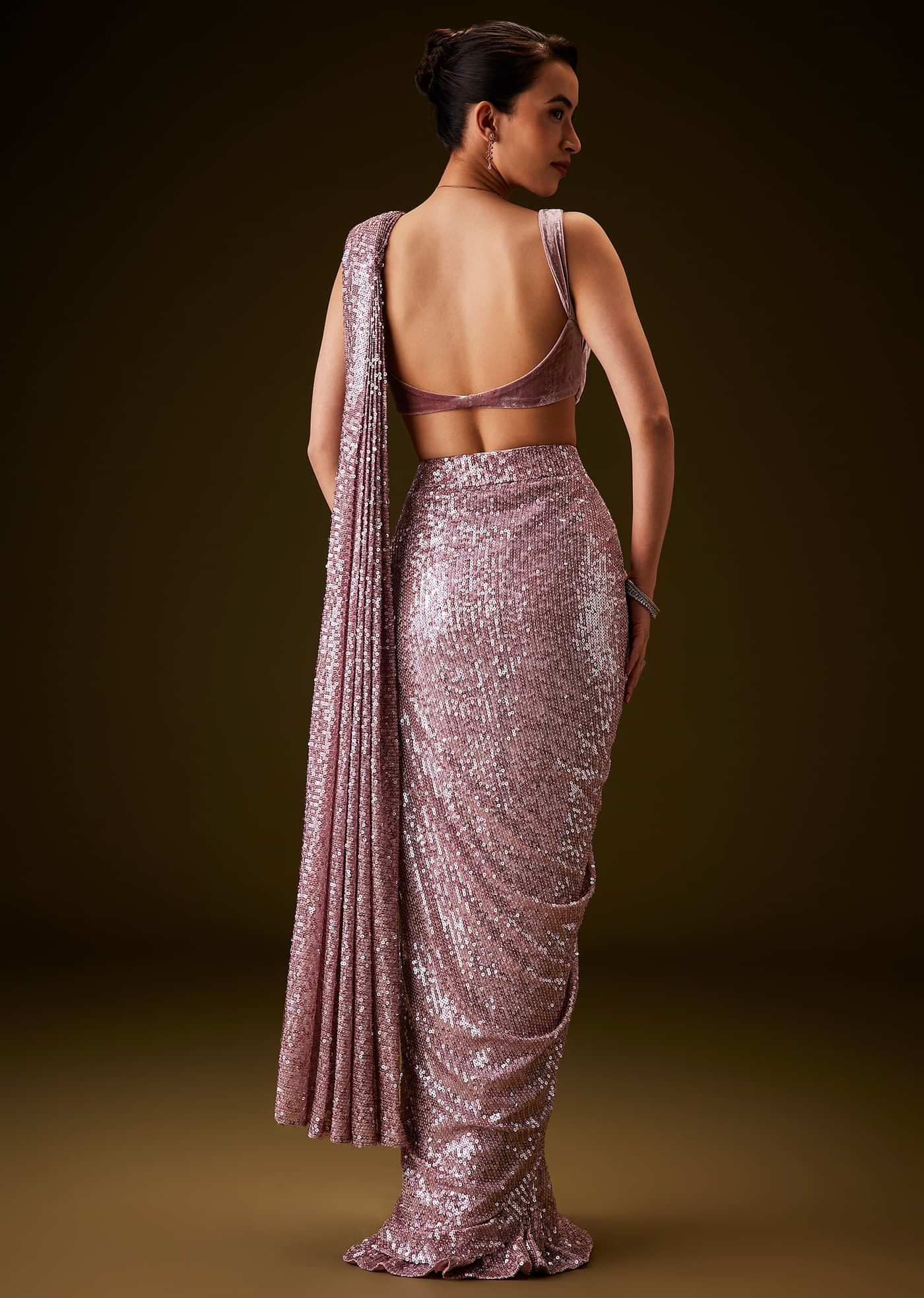 Pink Sequin Velvet Saree With Matching Blouse