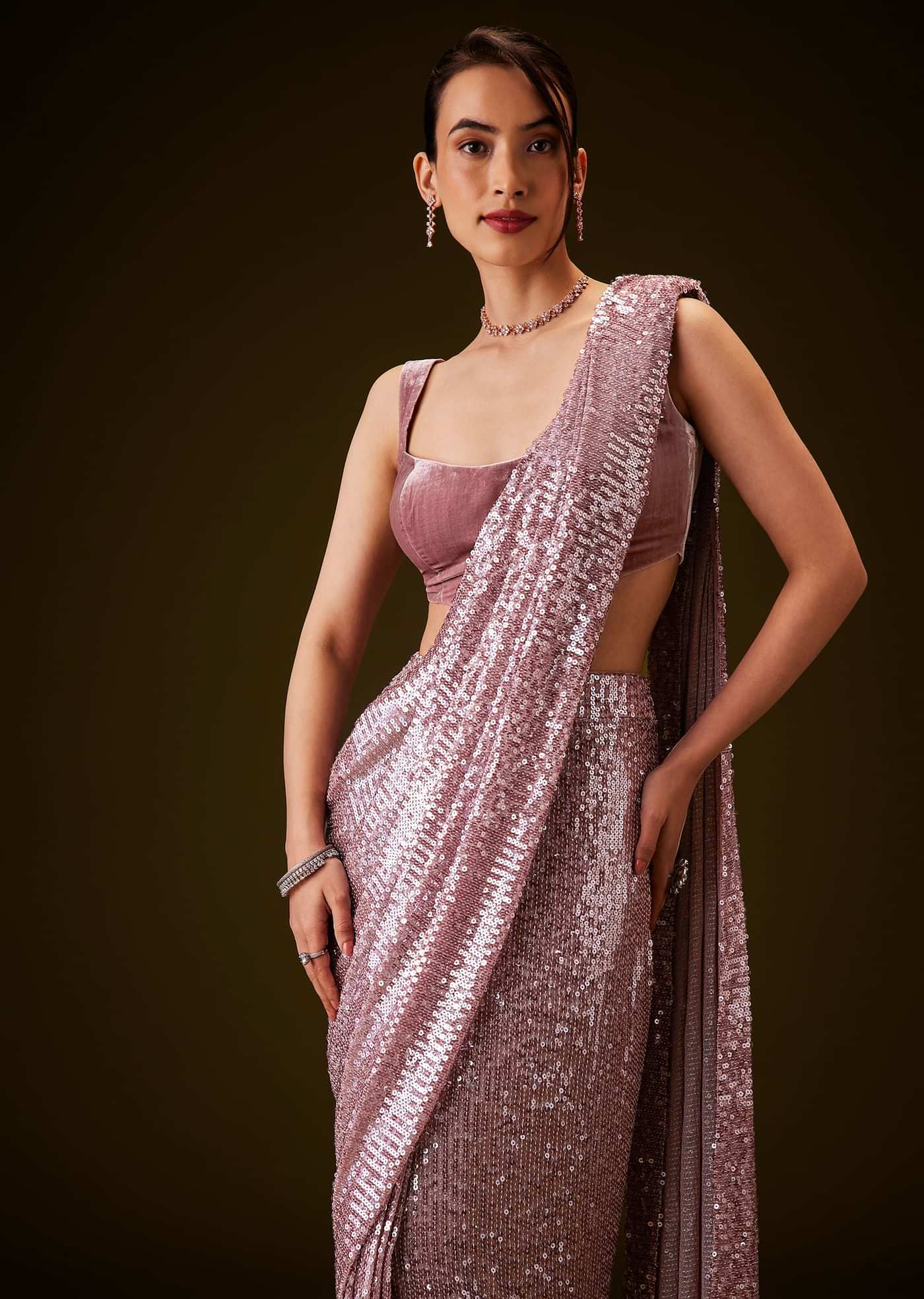 Pink Sequin Velvet Saree With Matching Blouse
