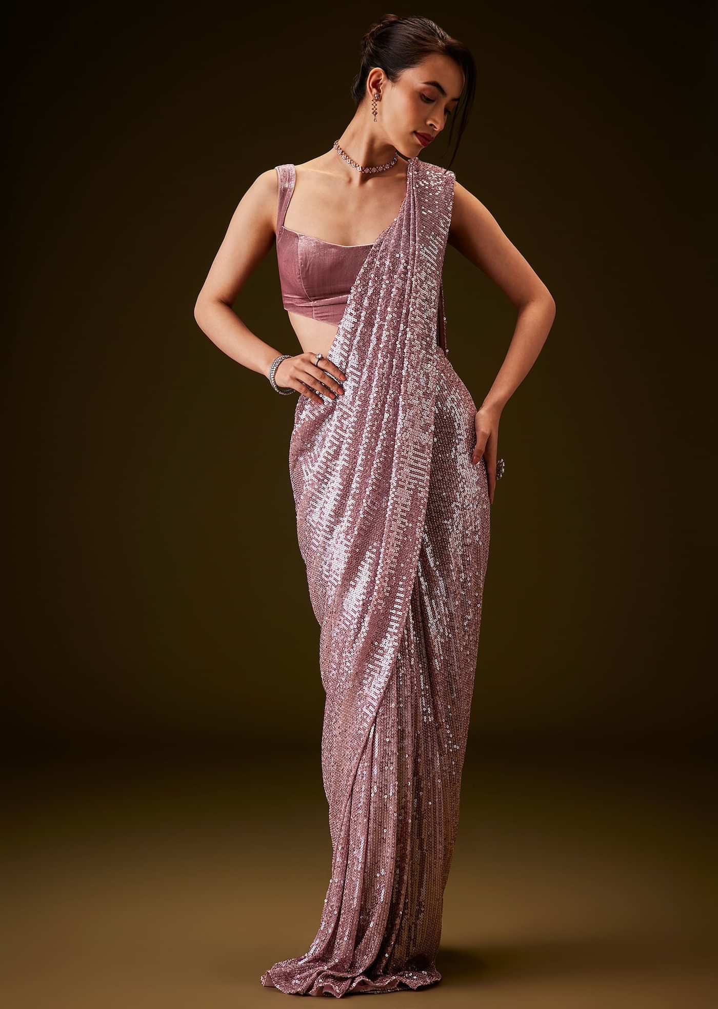 Pink Sequin Velvet Saree With Matching Blouse