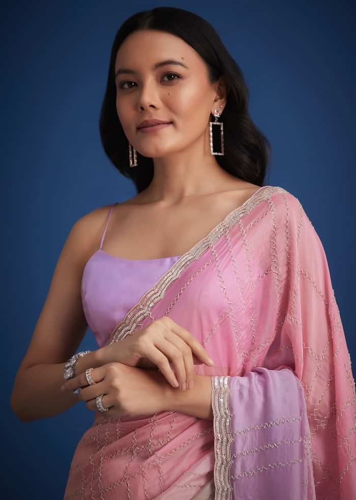 Lavender Shaded Soft Tissue Embroidered With Cudtana And Sequin Work