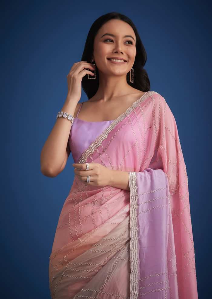 Lavender Shaded Soft Tissue Embroidered With Cudtana And Sequin Work