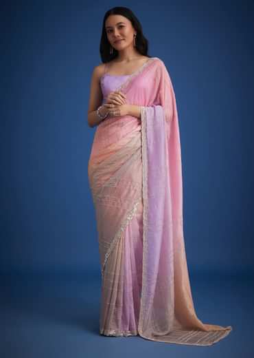 Lavender Shaded Soft Tissue Embroidered With Cudtana And Sequin Work