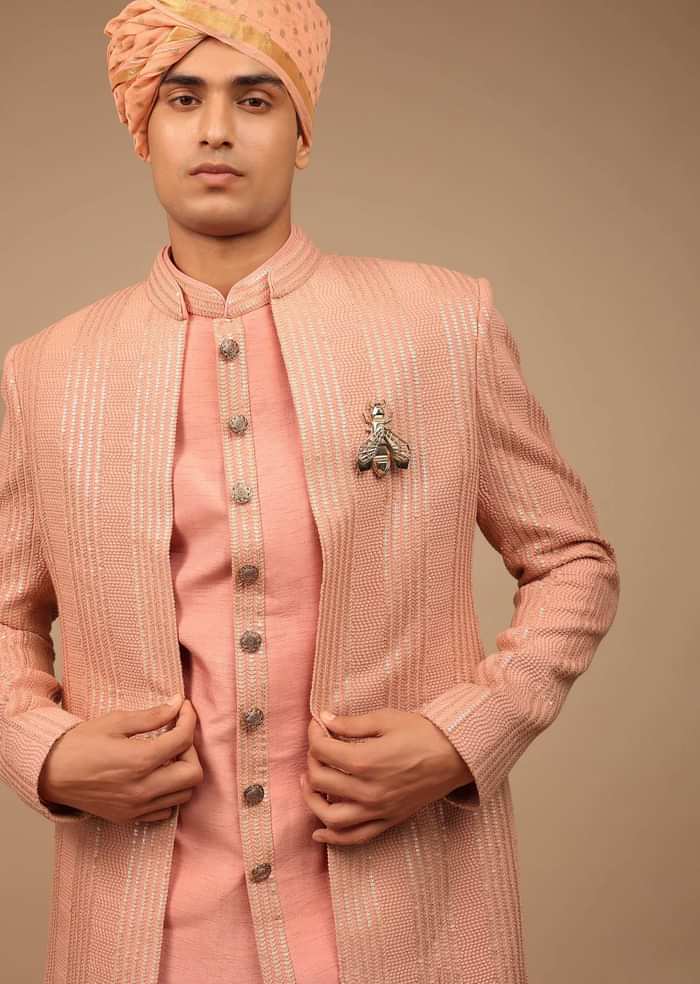 Pink Sherwani With Asymmetric Hemline
