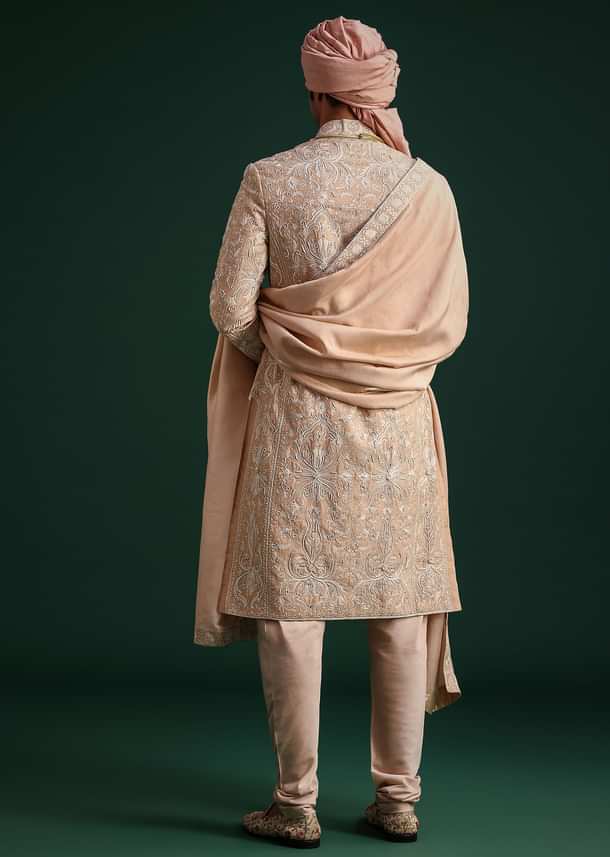 Pink Silk Blend Cotton Silk Sherwani Dupatta Set With Beaded Aari Work