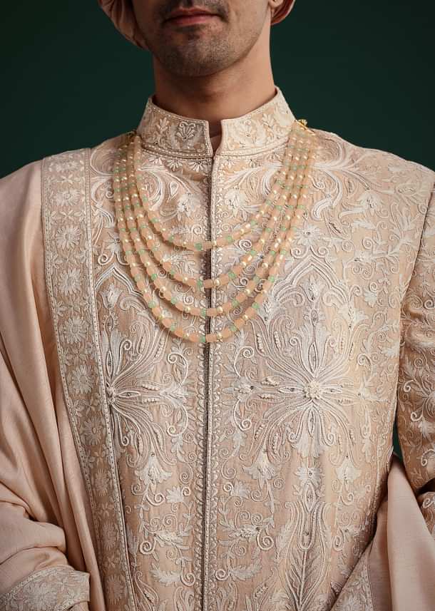 Pink Silk Blend Cotton Silk Sherwani Dupatta Set With Beaded Aari Work