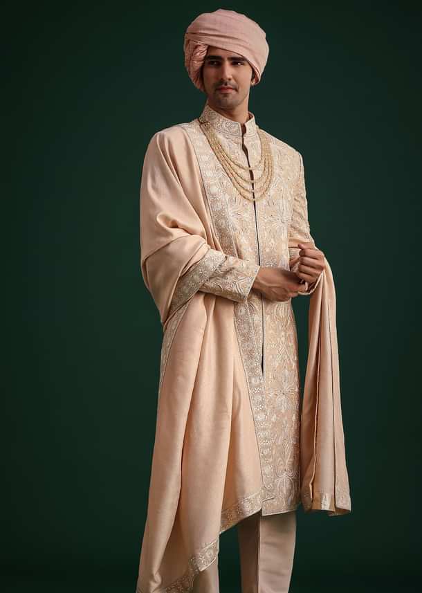 Pink Silk Blend Cotton Silk Sherwani Dupatta Set With Beaded Aari Work