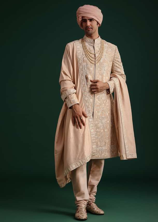 Pink Silk Blend Cotton Silk Sherwani Dupatta Set With Beaded Aari Work