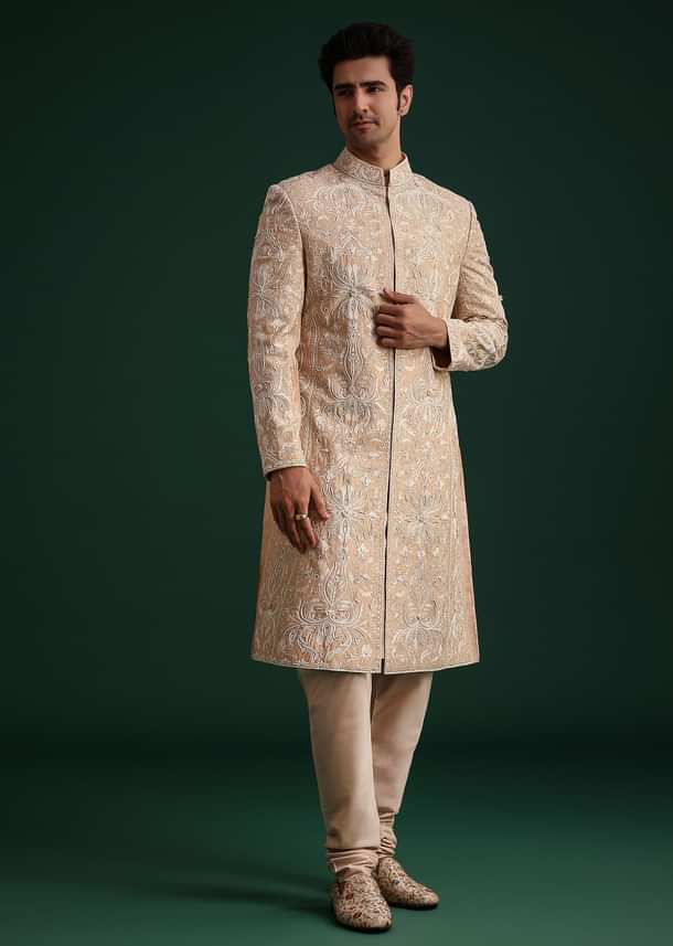 Pink Silk Blend Cotton Silk Sherwani Dupatta Set With Beaded Aari Work