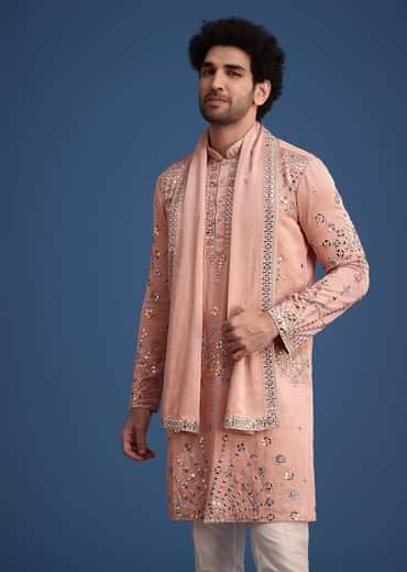 Pink Silk Blend Mirror Embroidered Kurta Dupatta Set