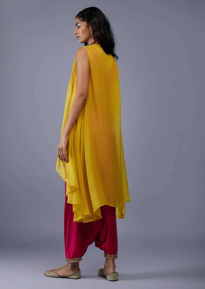 Carmine Red Embroidered Dhoti Jumpsuit With Yellow Organza Shrug