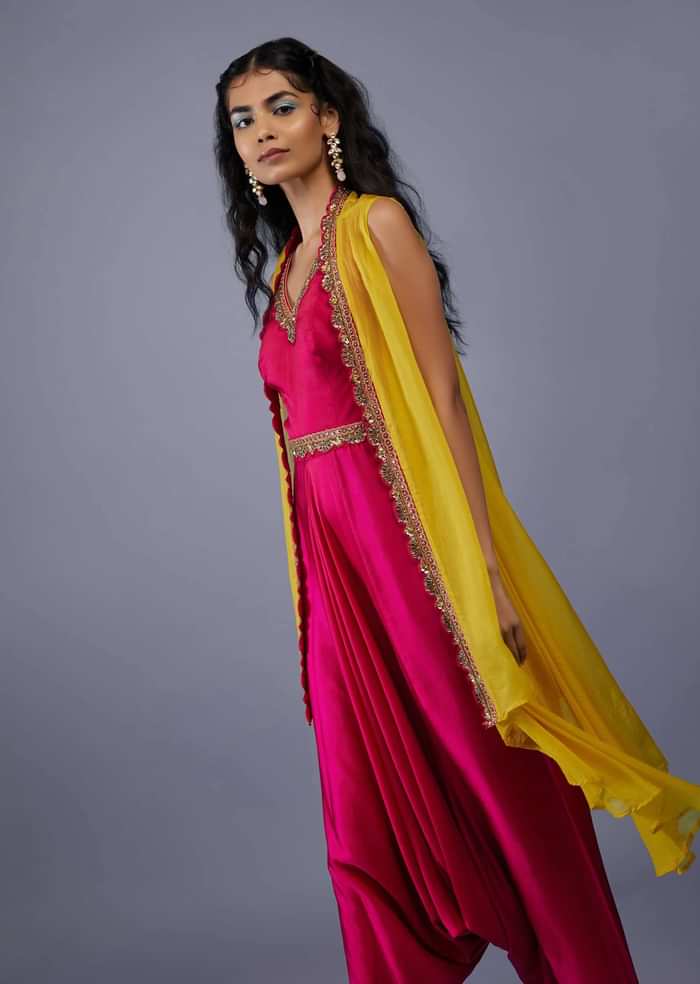 Carmine Red Embroidered Dhoti Jumpsuit With Yellow Organza Shrug