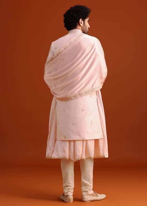 Pink Silk Embroidered Sherwani Set With Dupatta