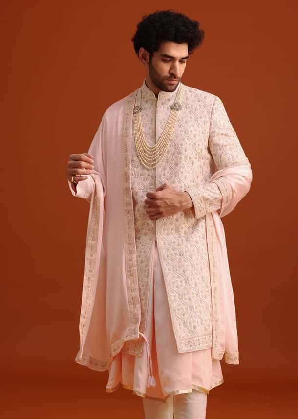 Pink Silk Embroidered Sherwani Set With Dupatta